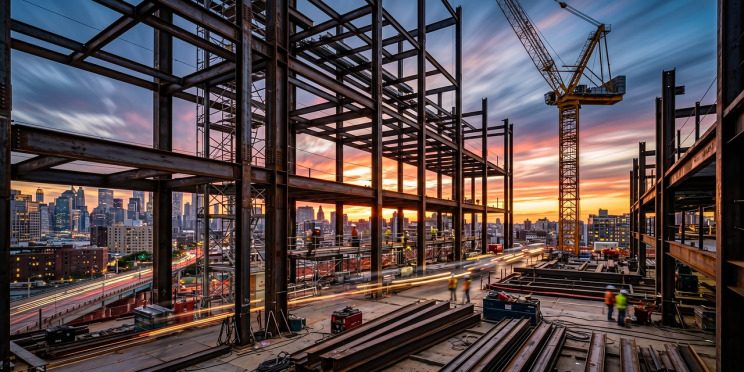 steel frame construction at dusk